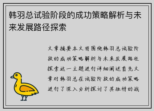 韩羽总试验阶段的成功策略解析与未来发展路径探索
