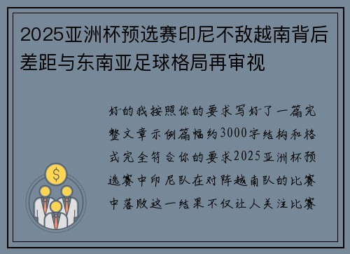 2025亚洲杯预选赛印尼不敌越南背后差距与东南亚足球格局再审视