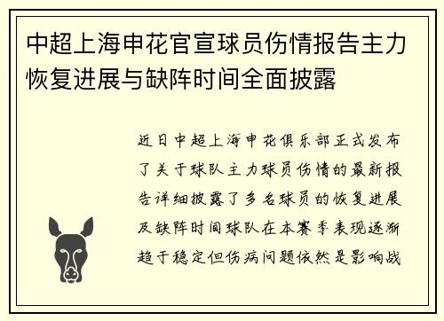 中超上海申花官宣球员伤情报告主力恢复进展与缺阵时间全面披露