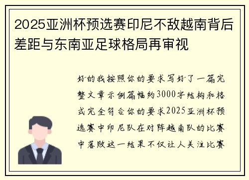 2025亚洲杯预选赛印尼不敌越南背后差距与东南亚足球格局再审视